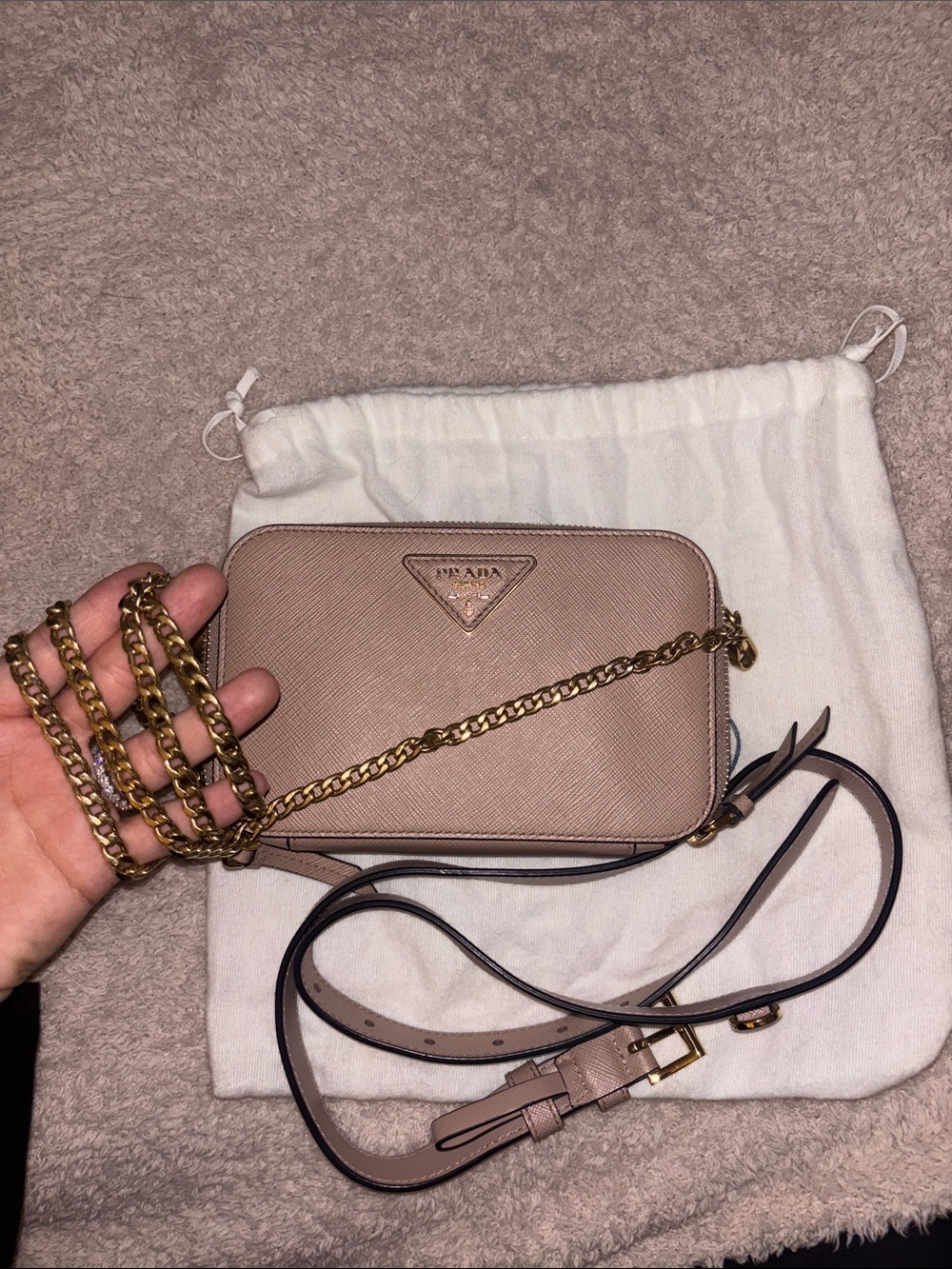 Prada Saffiano Leather Crossbody & Belt Bag w/ Gold Chain and Leather Strap